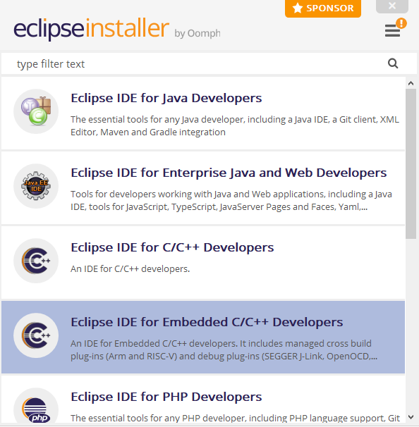 Выбираем Eclipse IDE for Embedded C/C++ Developers.  